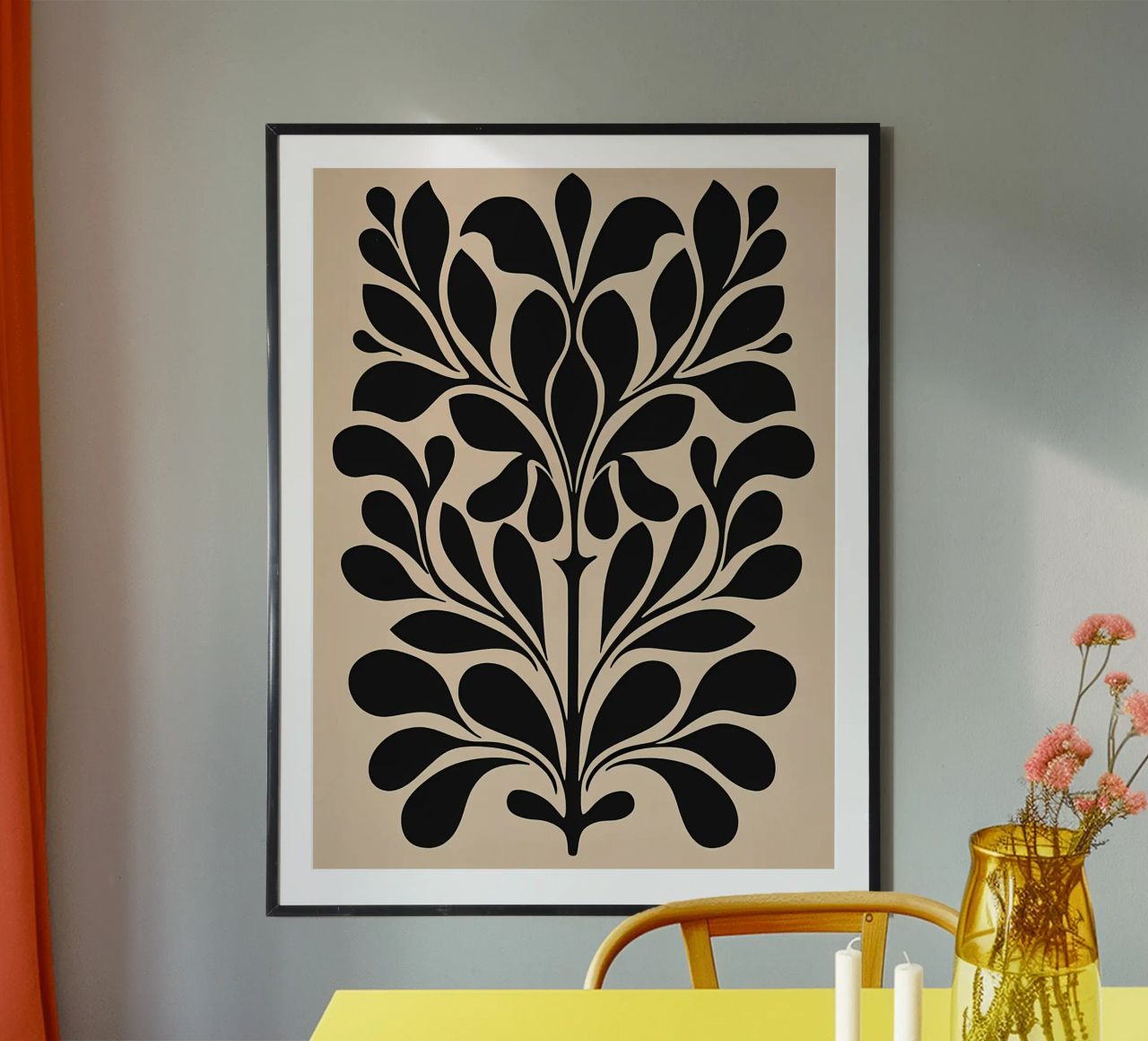 Mid Century Beige Schwarz Botanisch Poster von Olga Wildrose