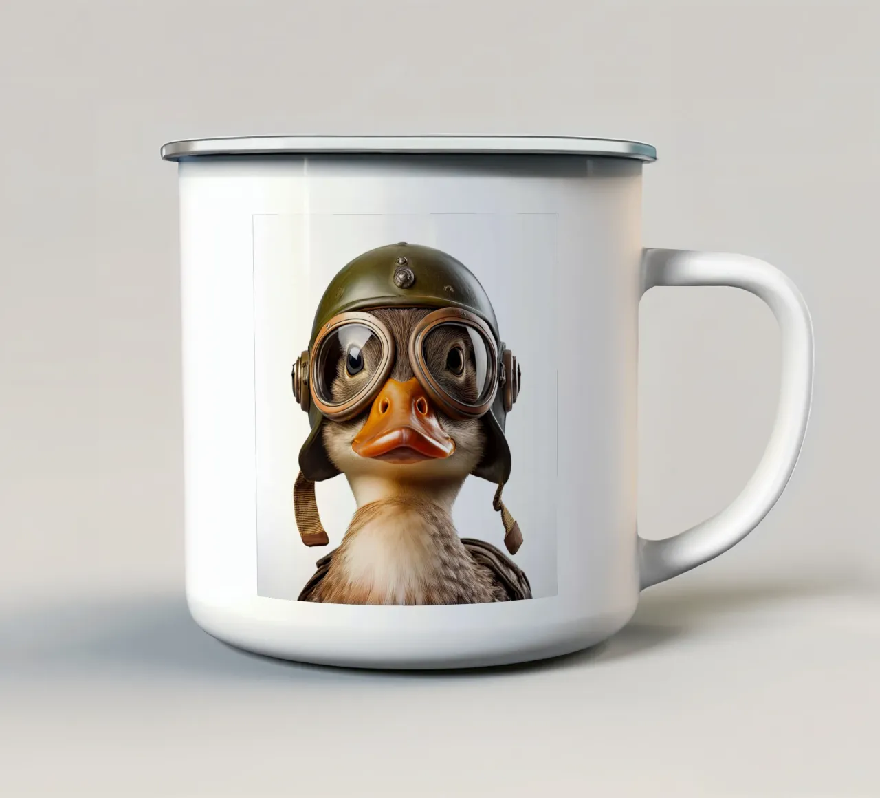 Daring Duck with Helmet Wall Art – Unique and Playful Decor enamel mug by FlexiDesignsByK