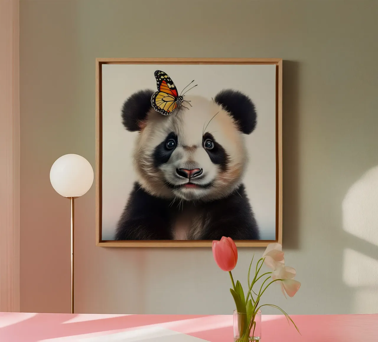 Adorable Panda with Butterfly – Whimsical Wall Art Print canvas with Floater frame by FlexiDesignsByK