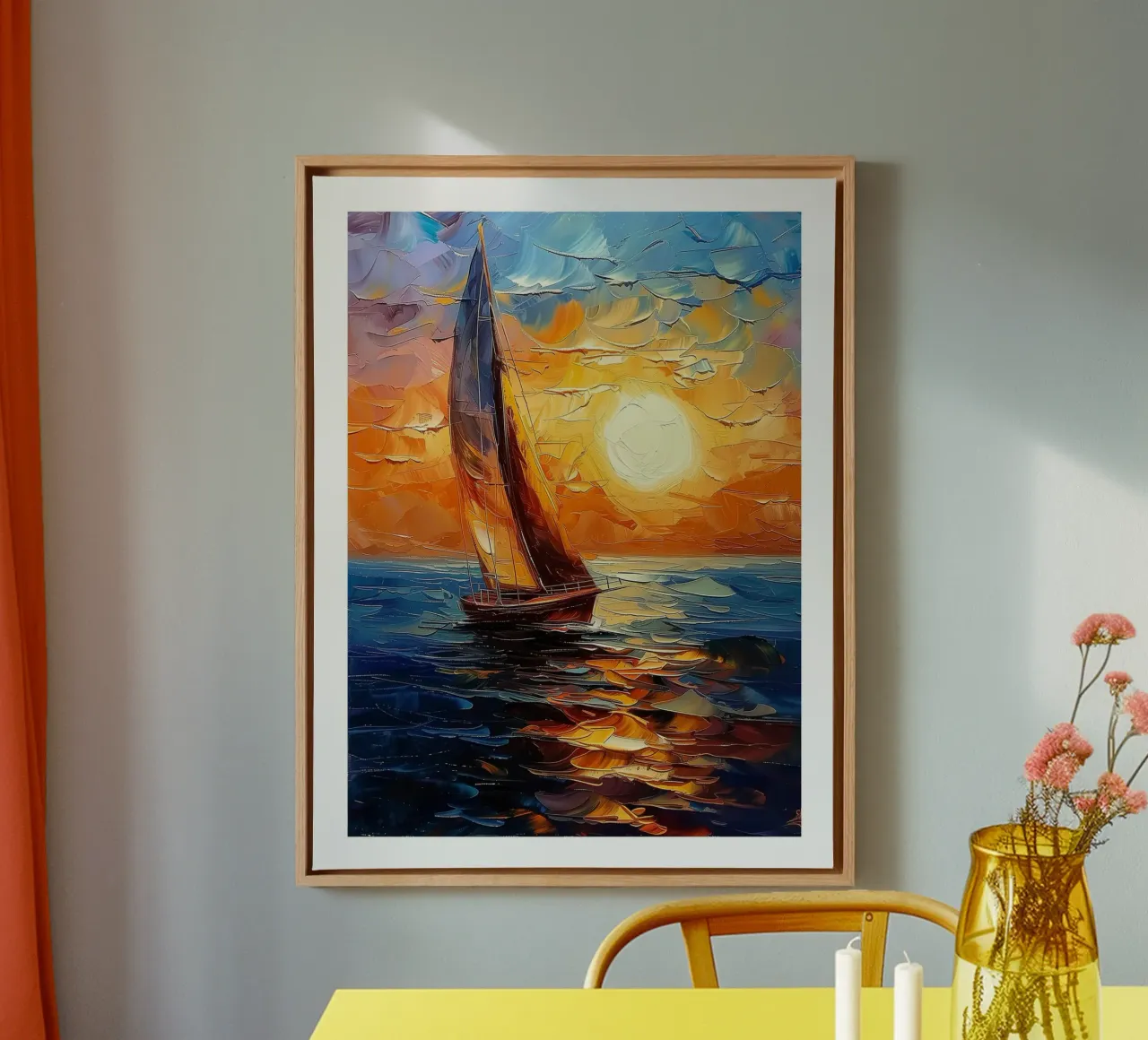 Zeilboot bij zonsondergang canvas met Baklijst van DWA
