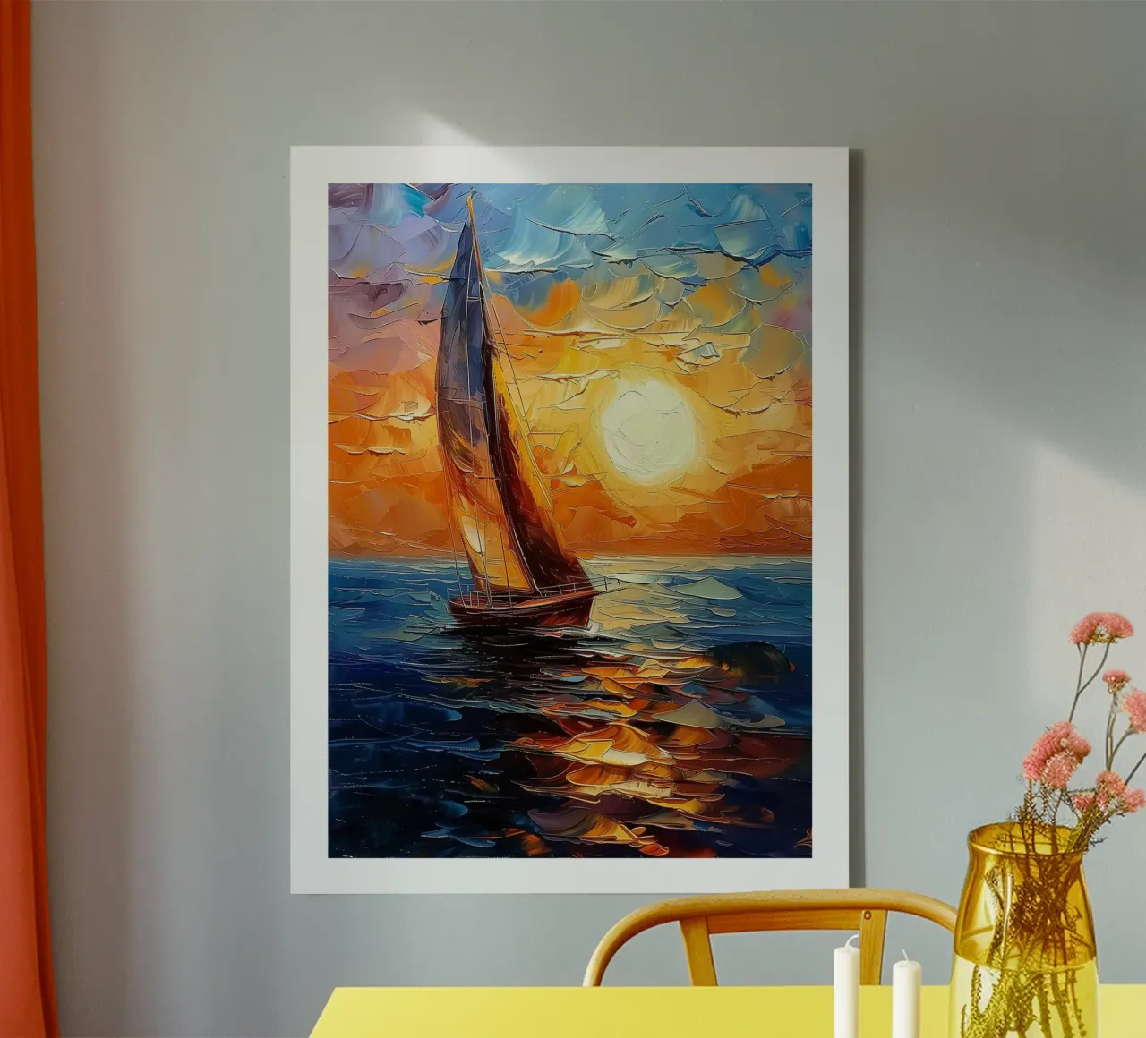 Zeilboot bij zonsondergang canvas met Baklijst van DWA