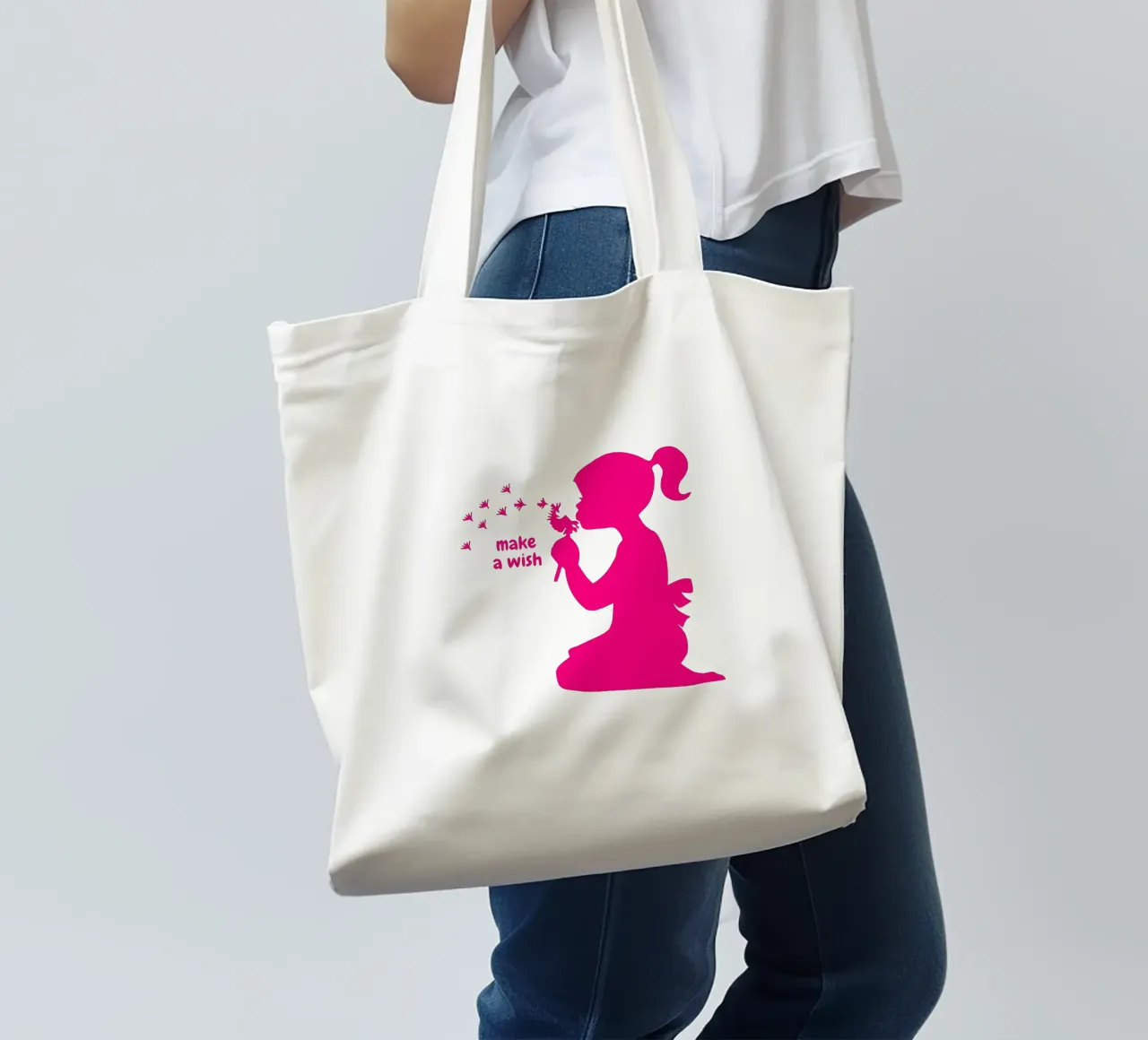 Esprimi un desiderio - Ragazza con dente di leone in rosa borsa in juta da ArtDesign by KBK