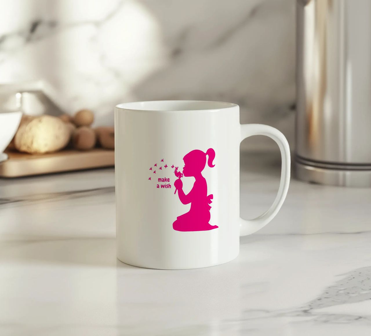 Esprimi un desiderio - Ragazza con dente di leone in rosa tazza in ceramica da ArtDesign by KBK