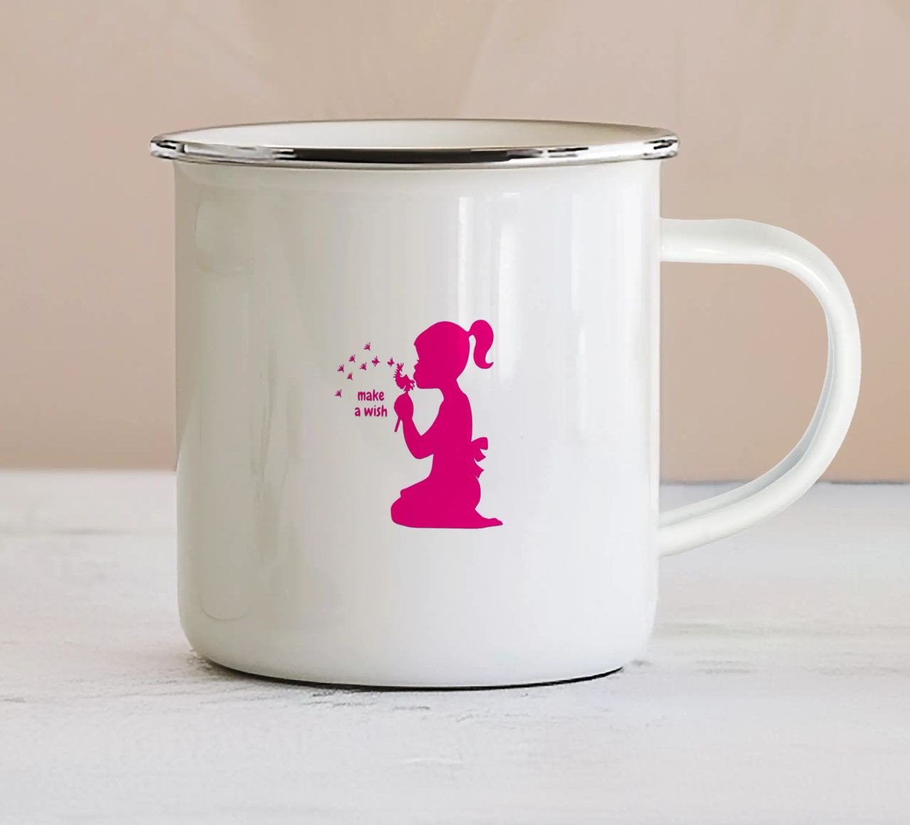 Esprimi un desiderio - Ragazza con dente di leone in rosa tazza in smalto da ArtDesign by KBK