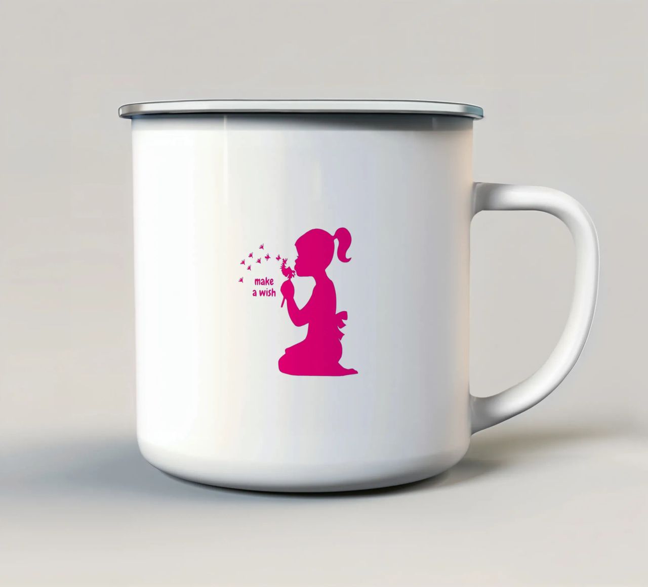 Esprimi un desiderio - Ragazza con dente di leone in rosa tazza in smalto da ArtDesign by KBK