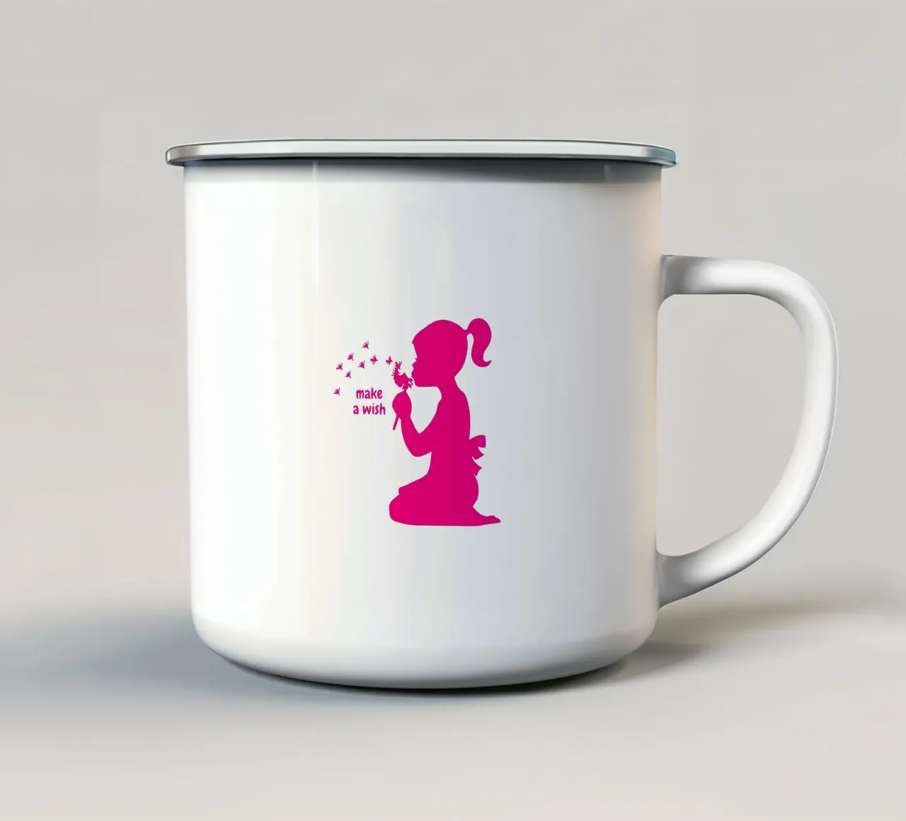 Make a wish - Girl with dandelion in pink enamel mug by ArtDesign by KBK