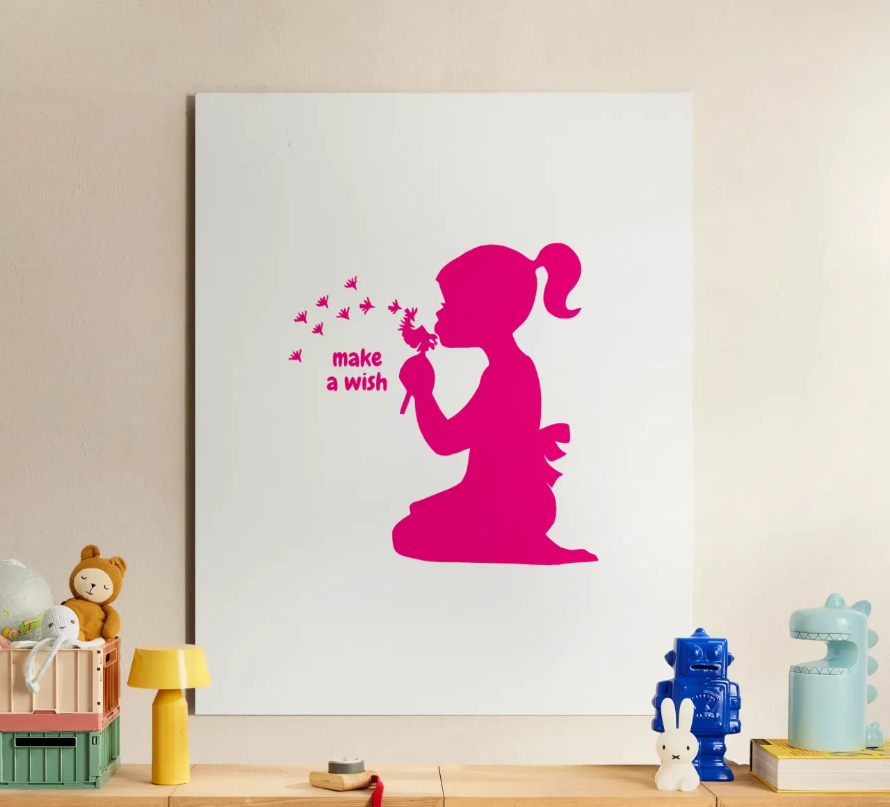 Esprimi un desiderio - Ragazza con dente di leone in rosa alluminio dibond da ArtDesign by KBK