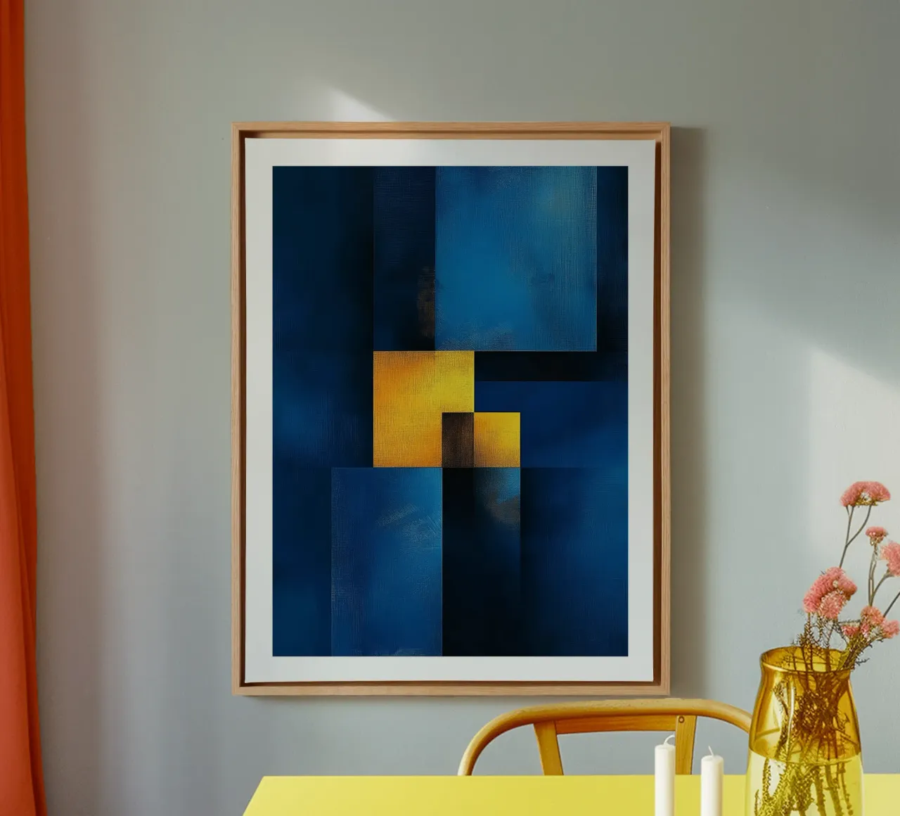 Geometrisch abstract blauw en geel canvas met Baklijst van DWA