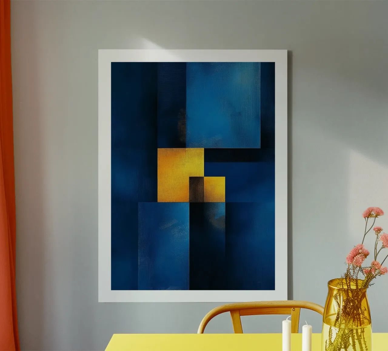 Geometrisch abstract blauw en geel canvas met Baklijst van DWA
