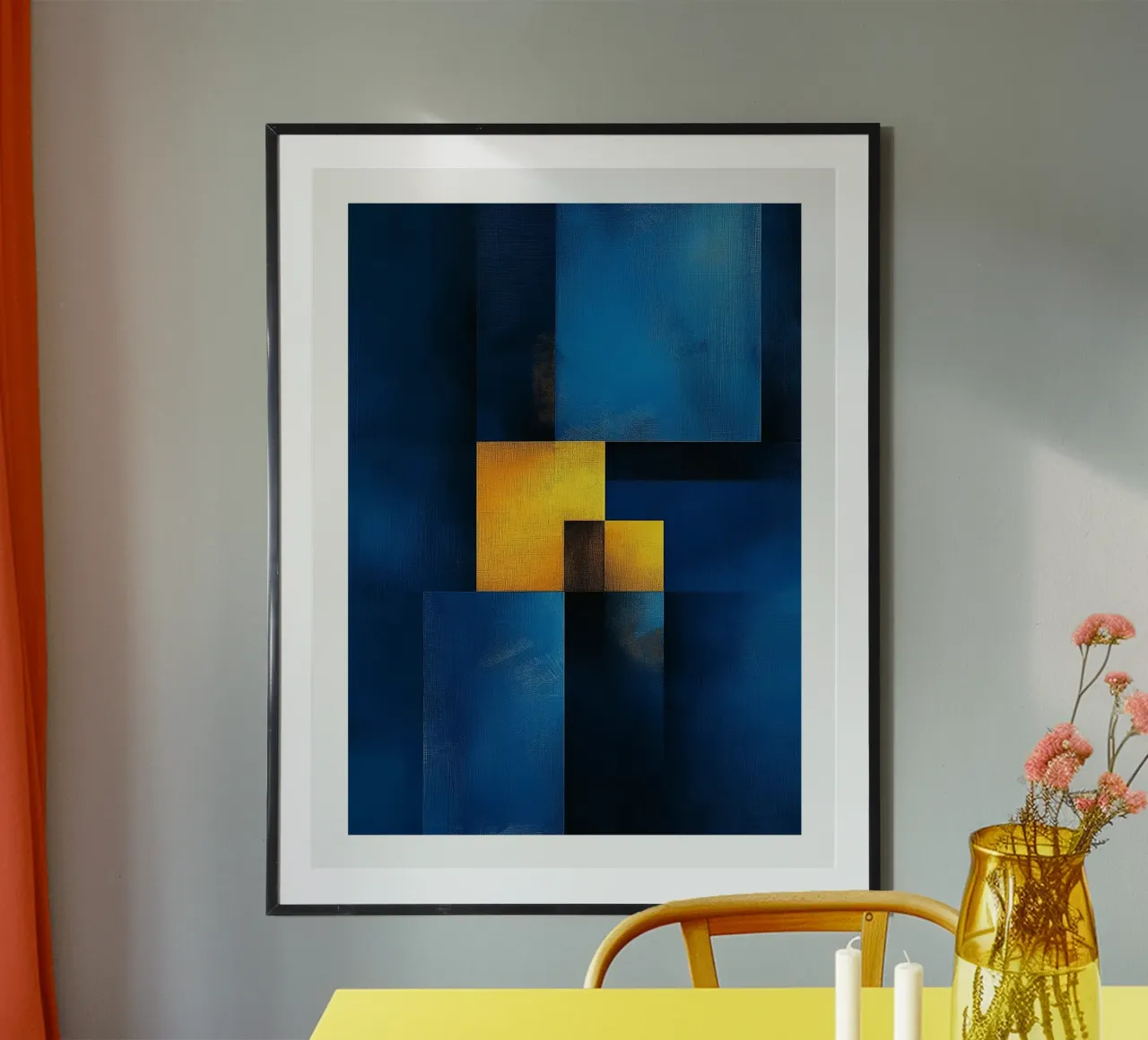 Géométrique Abstraite Bleu et Jaune poster avec cadre en aluminium de DWA