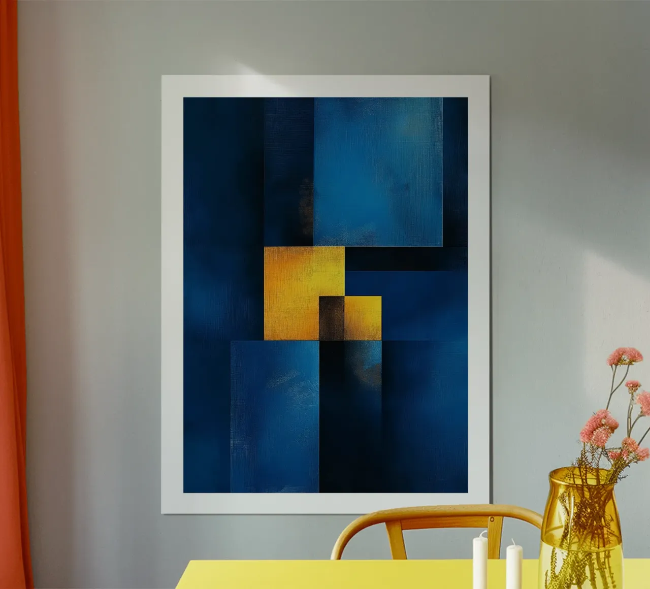 Géométrique Abstraite Bleu et Jaune poster avec cadre en aluminium de DWA