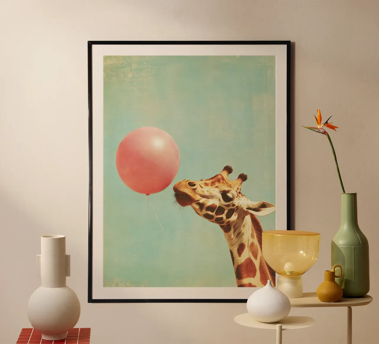 Giraffa con palloncino carta hahnemühle da Imagine