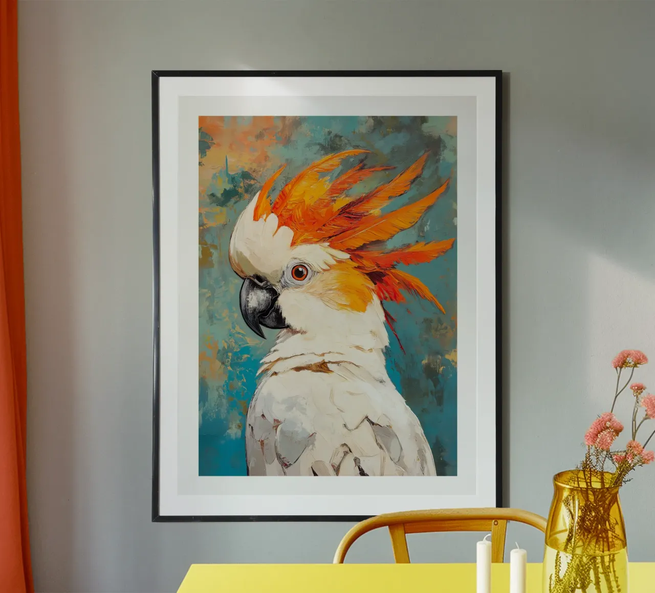 Pappagallo dal ciuffo arancione poster con telaio in plastica da DWA