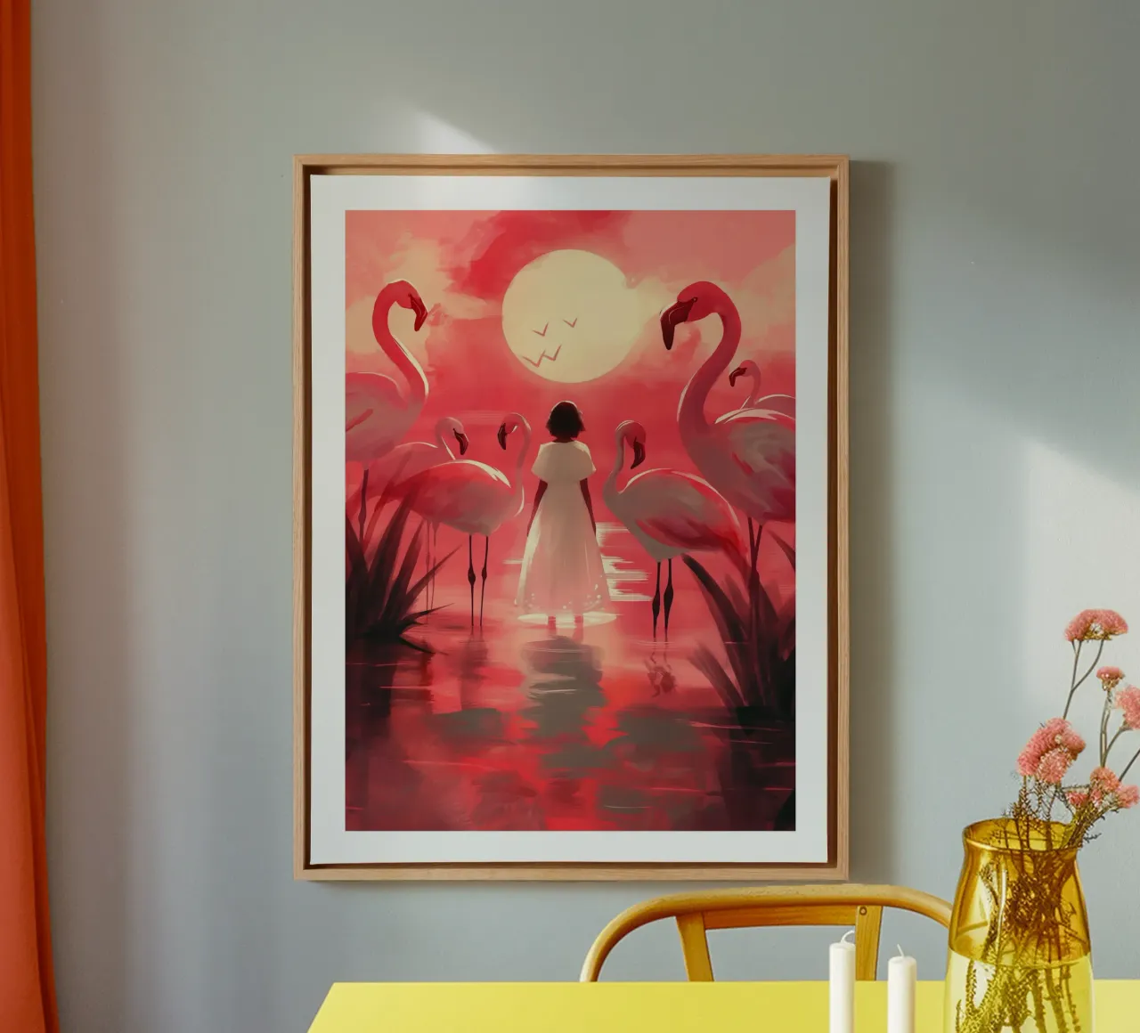 Roze flamingo's bij zonsondergang canvas met Baklijst van DWA