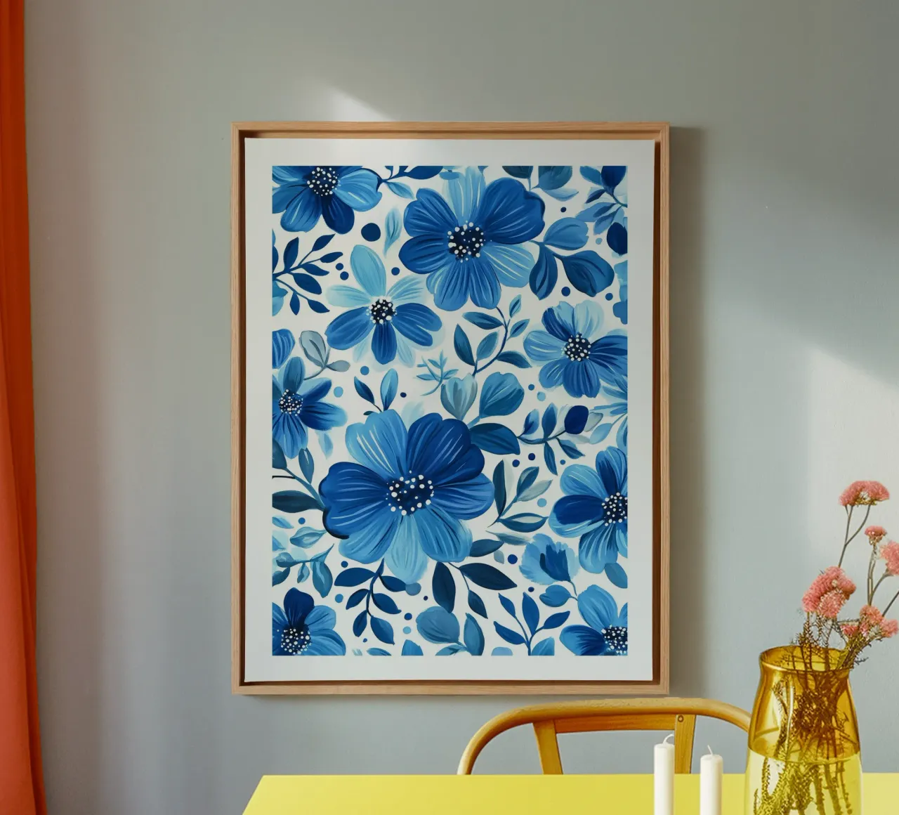 Bloemmotief blauw canvas met Baklijst van DWA