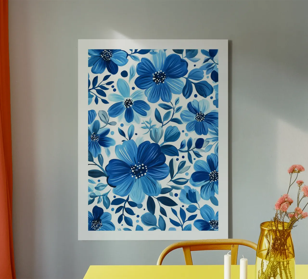 Bloemmotief blauw canvas met Baklijst van DWA