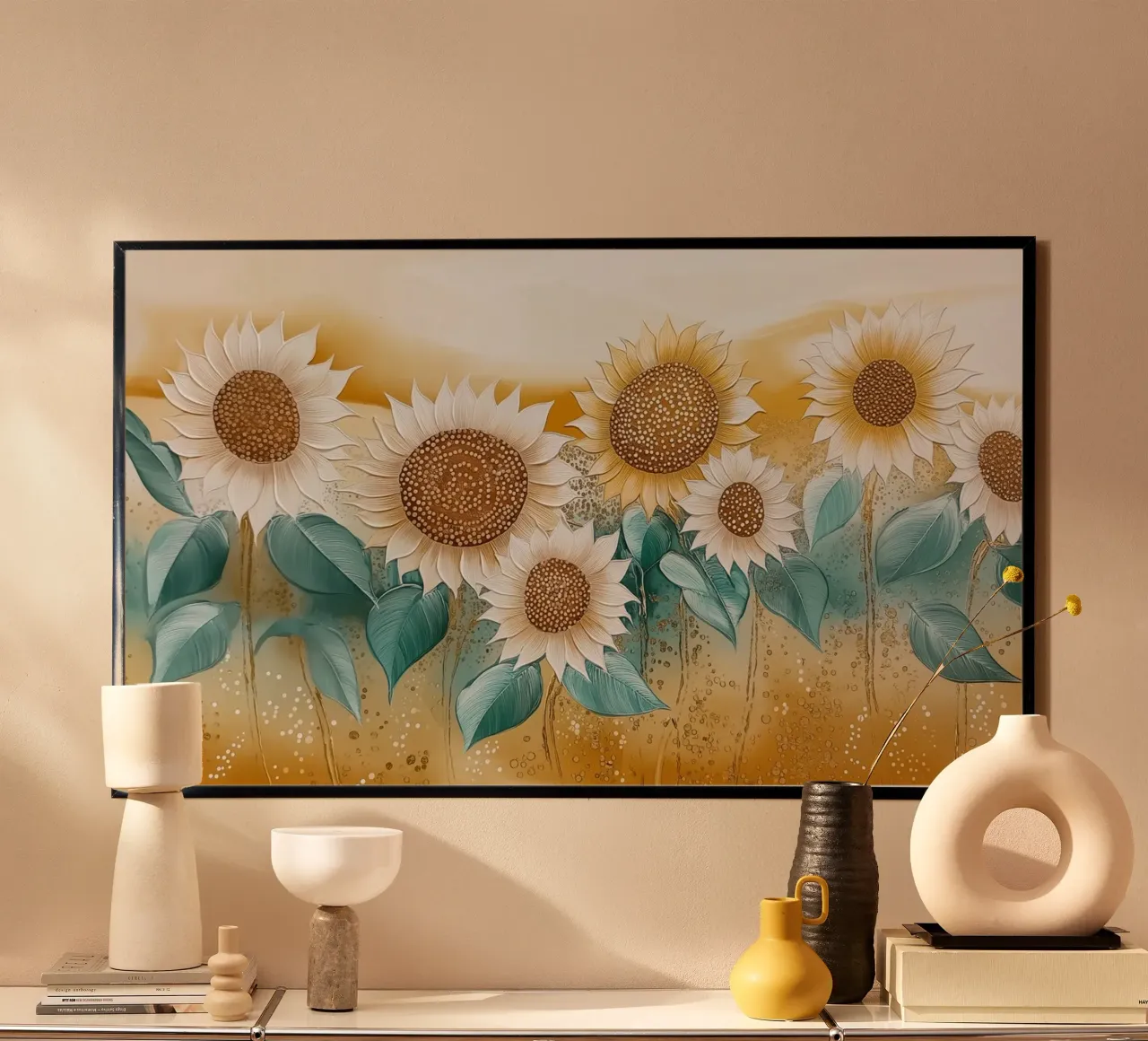Campo con girasoli poster con telaio in alluminio da Imagine