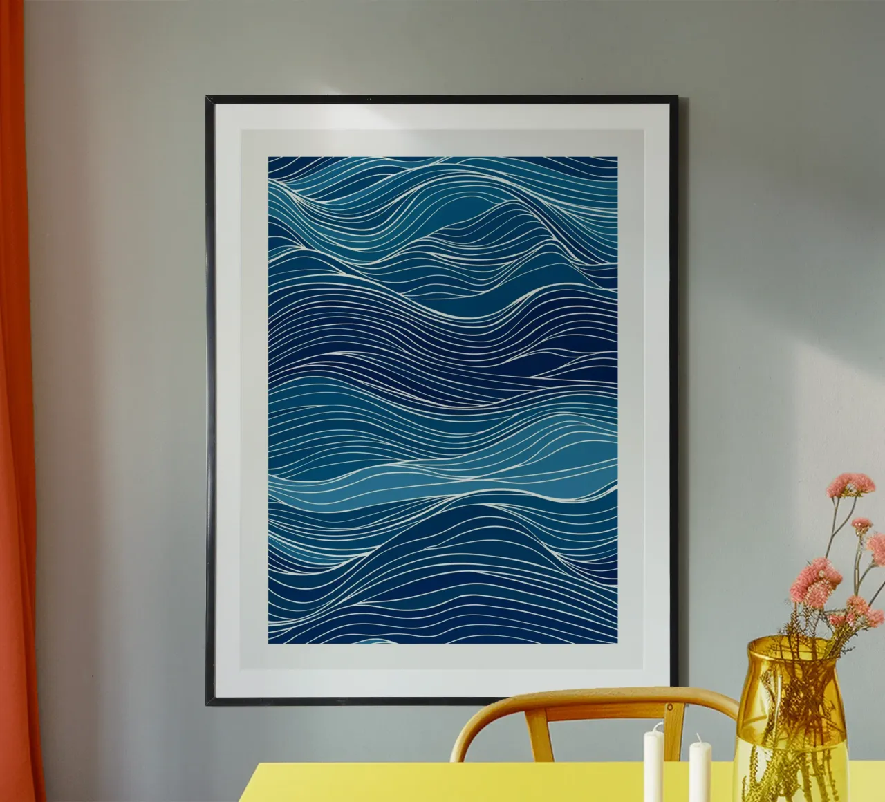Vagues Bleues poster avec cadre en bois de DWA