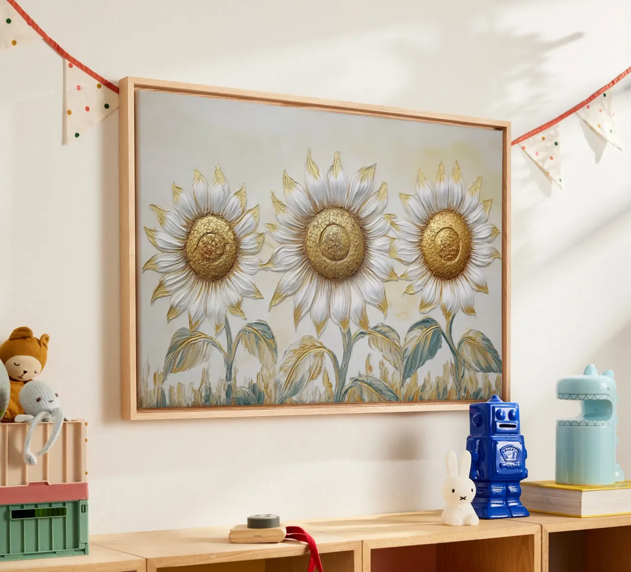 Zonnebloemen, abstract canvas met Baklijst van Imagine