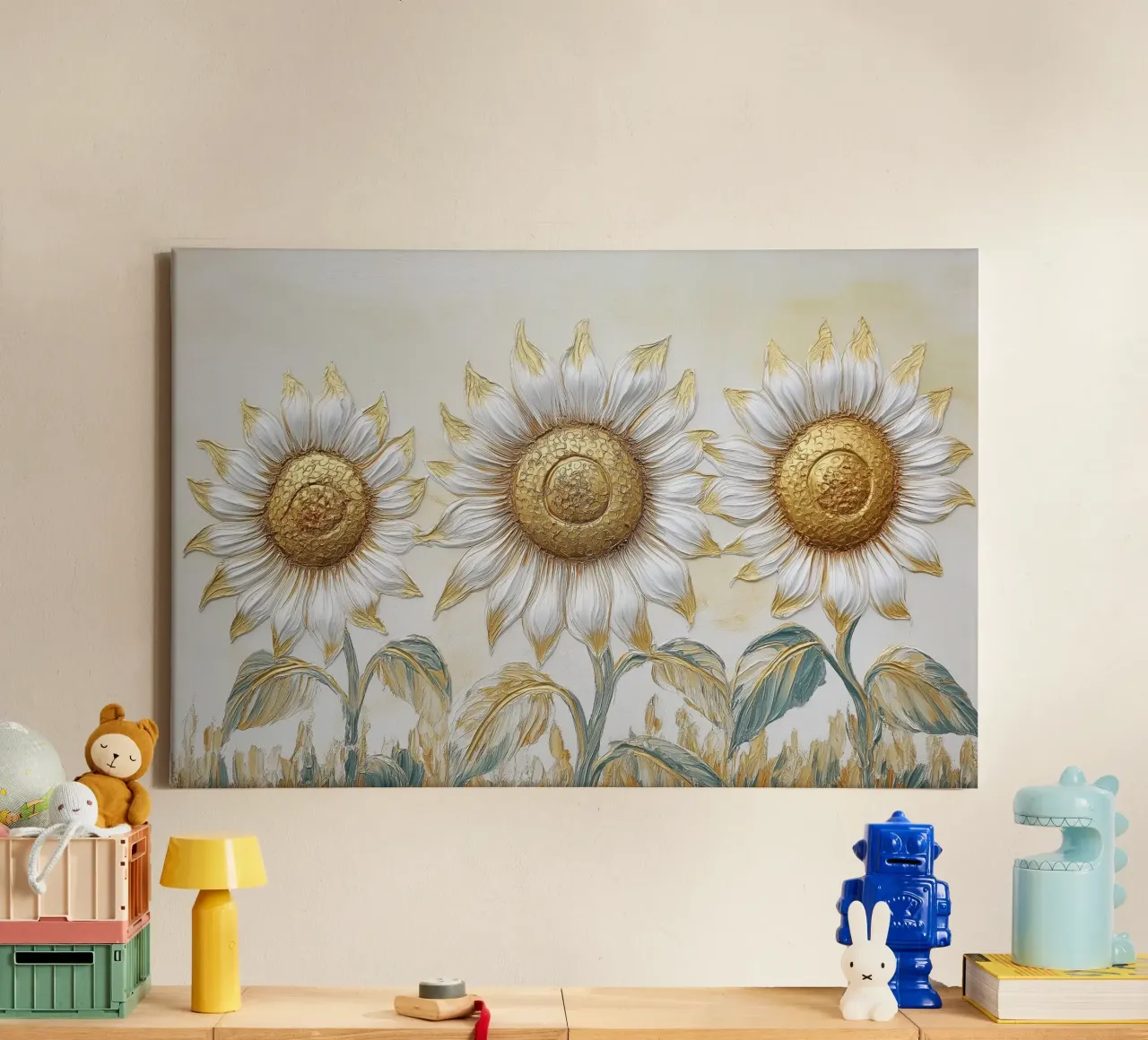 Zonnebloemen, abstract canvas met Baklijst van Imagine