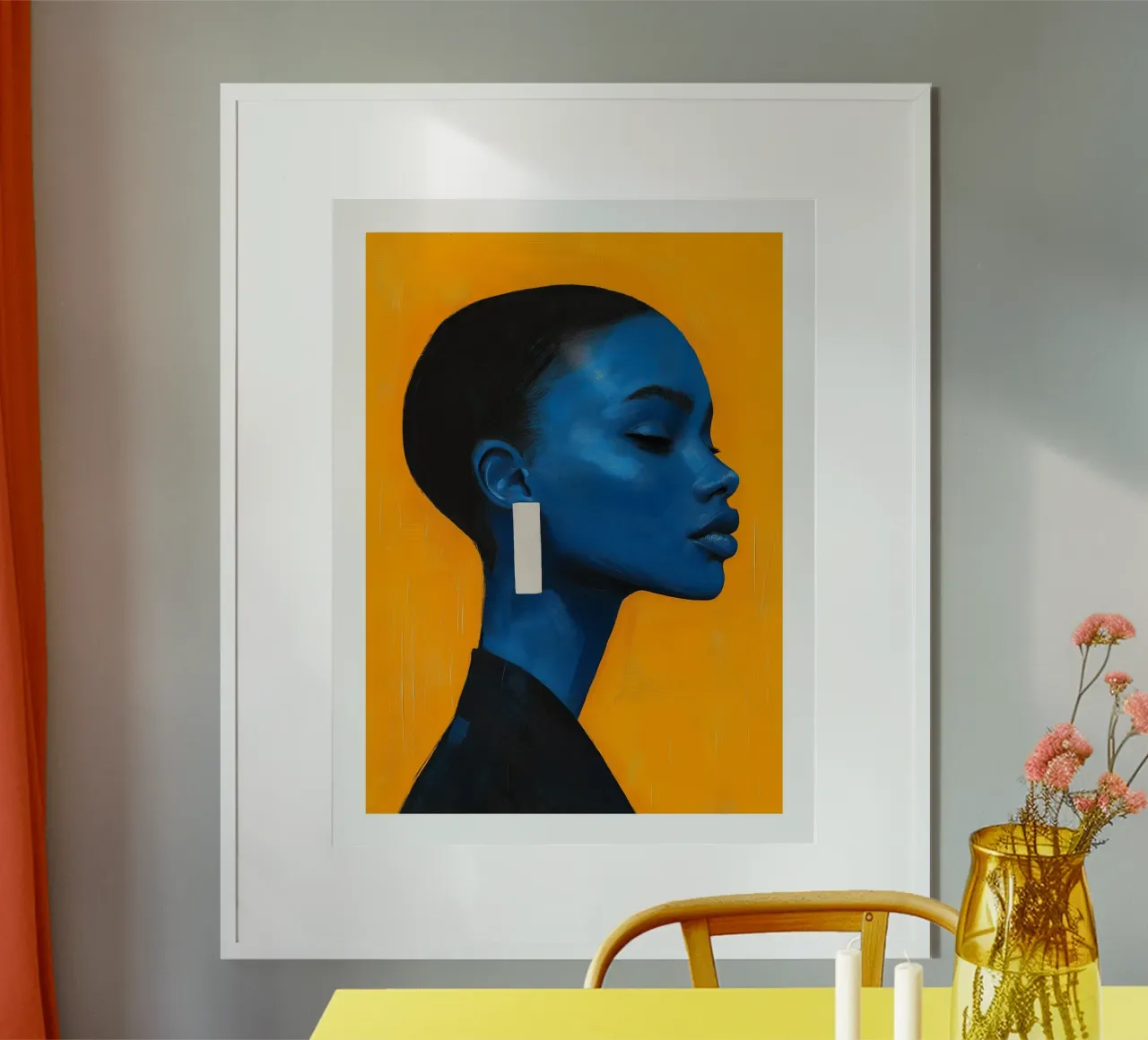 Blaue Frau auf orangem Hintergrund Poster von DWA