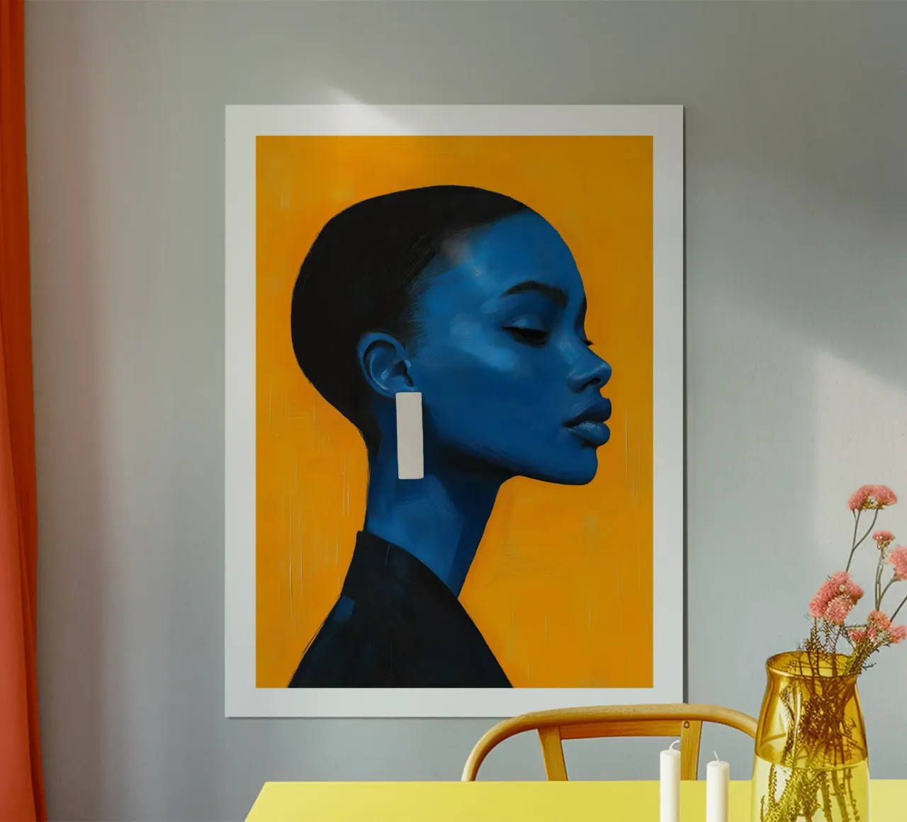 Blaue Frau auf orangem Hintergrund Poster von DWA