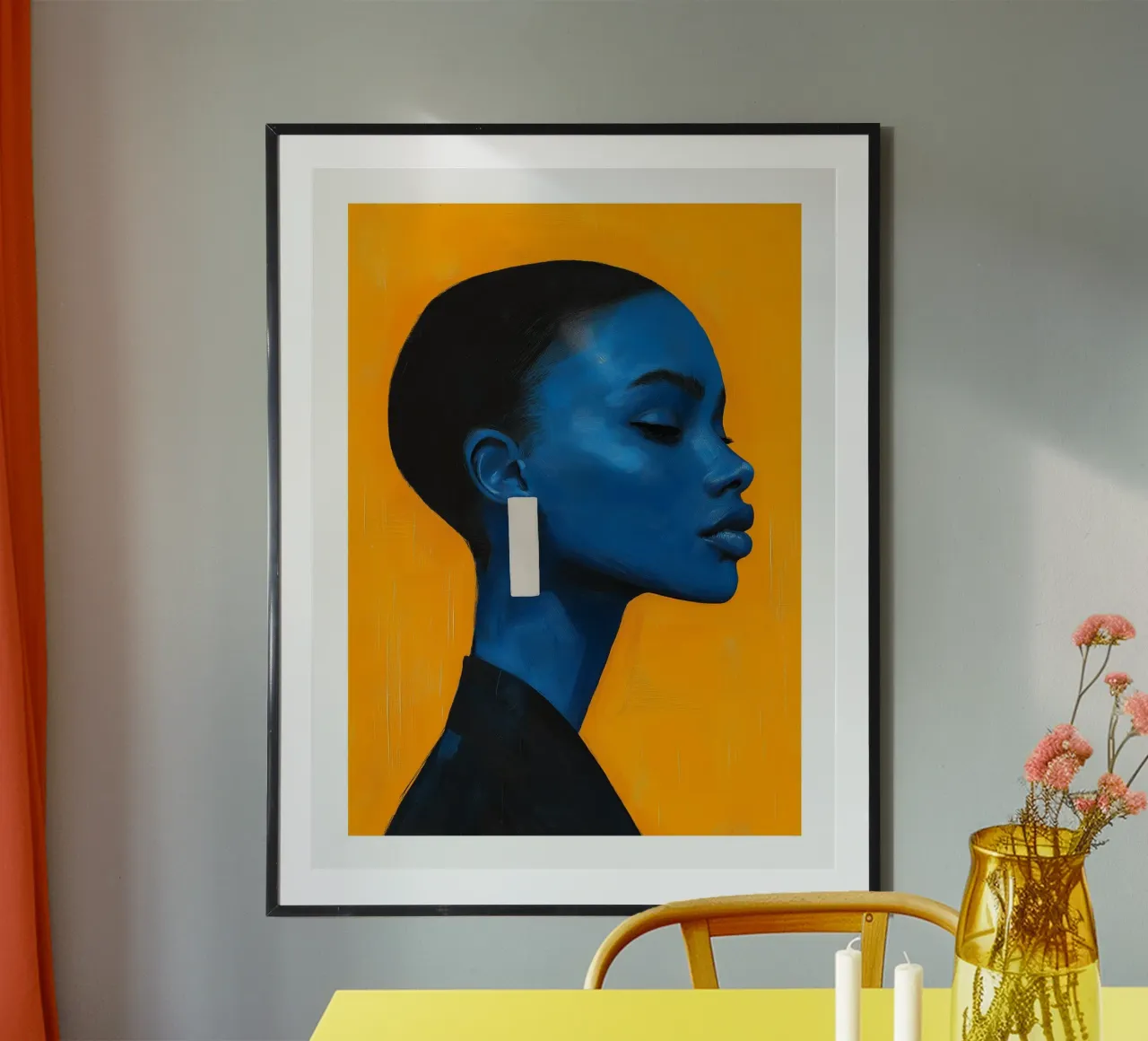 Blaue Frau auf orangem Hintergrund Poster von DWA