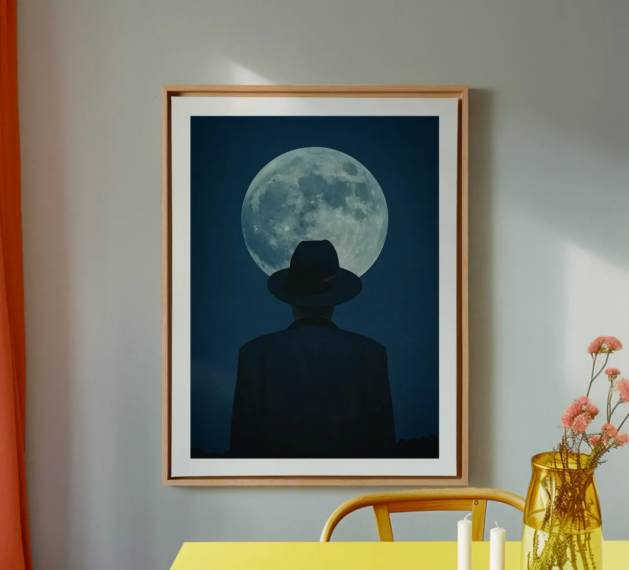 Man in the Hat Under the Moon canvas with Floater frame by DWA