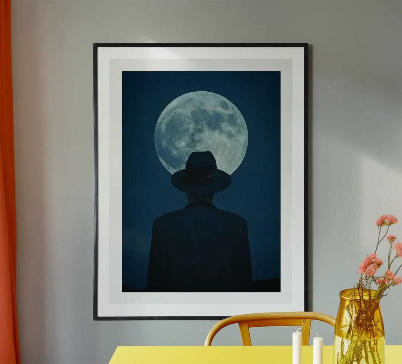Man in the Hat Under the Moon poster with aluminum frame by DWA
