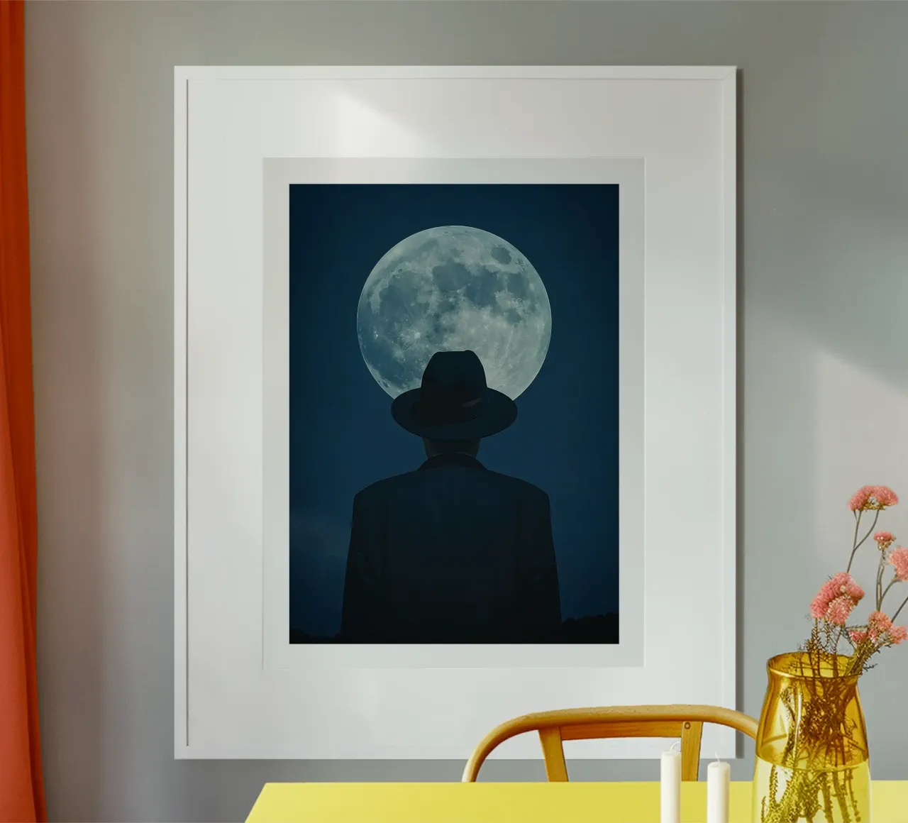 Man in the Hat Under the Moon poster with aluminum frame by DWA