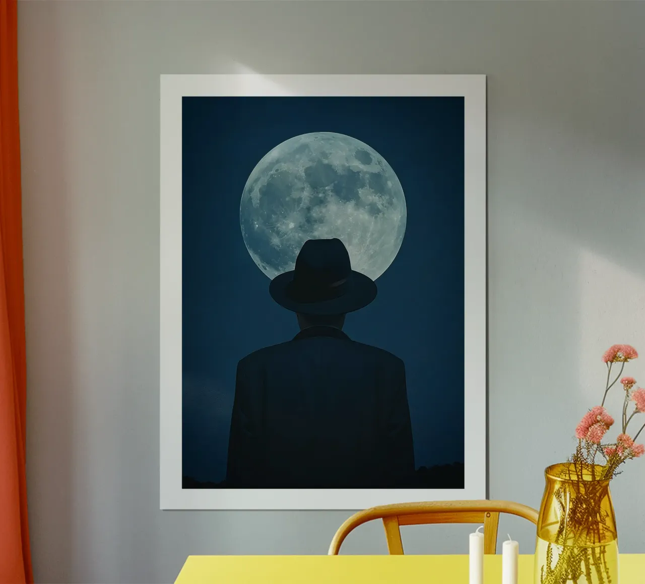 Man in the Hat Under the Moon poster with aluminum frame by DWA