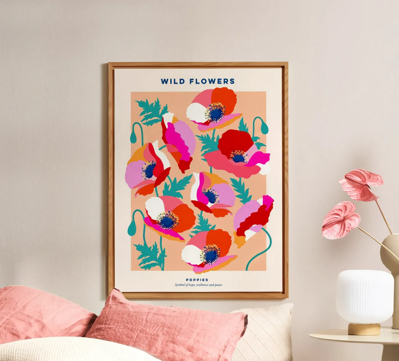Happy Poppies Wild Floral Poster • Pink, Red, Teal Green forex plate by Dominique Vari