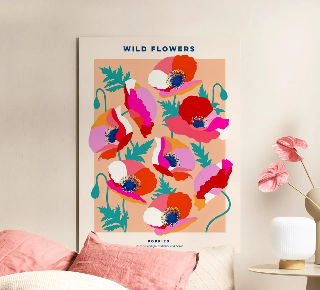 Happy Poppies Wild Floral Poster • Pink, Red, Teal Green forex plate by Dominique Vari
