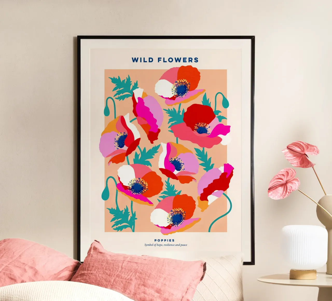 Happy Poppies Wild Floral Poster • Pink, Red, Teal Green poster with plastic frame by Dominique Vari