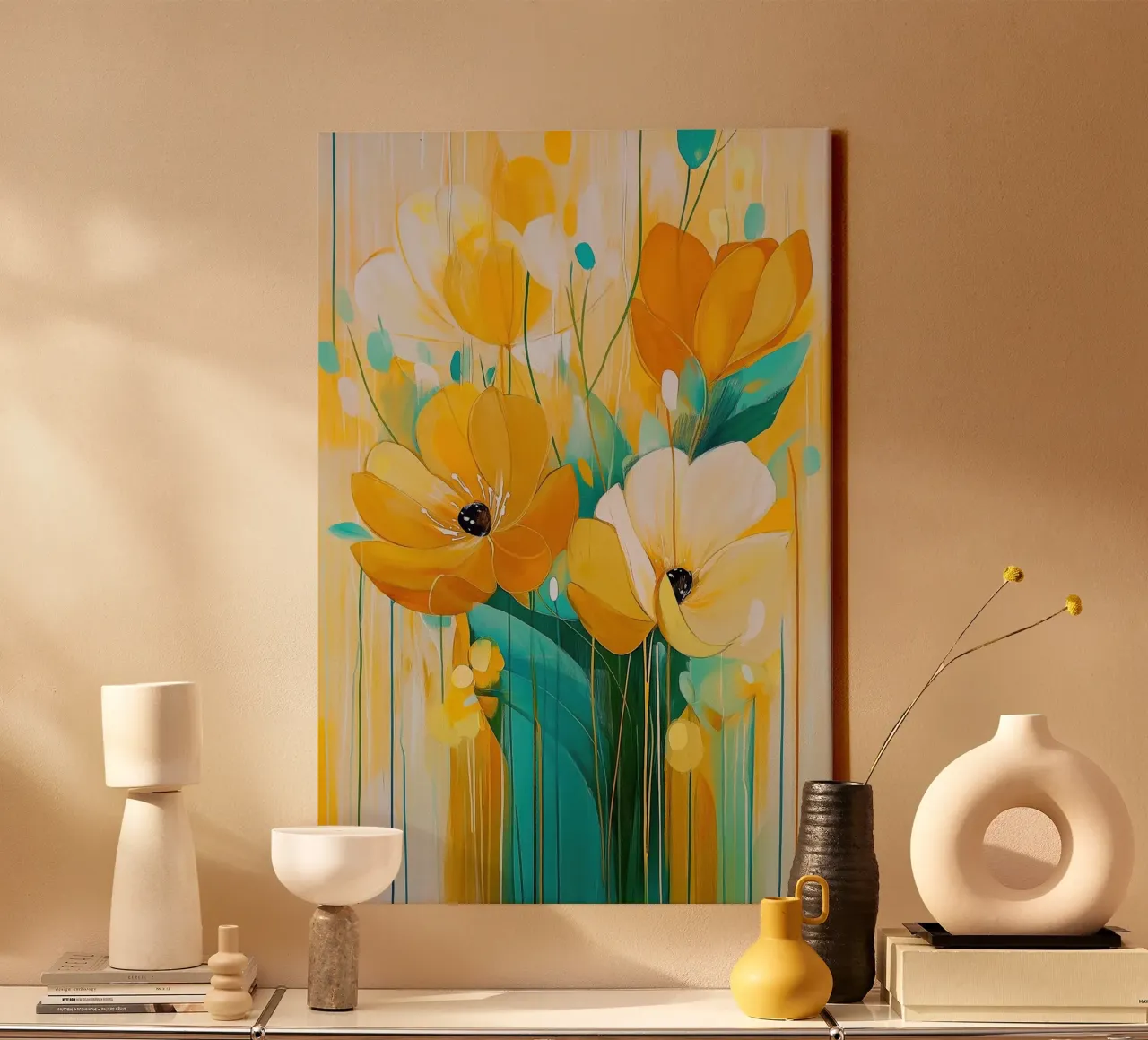 Bloemen abstract canvas met Baklijst van Imagine
