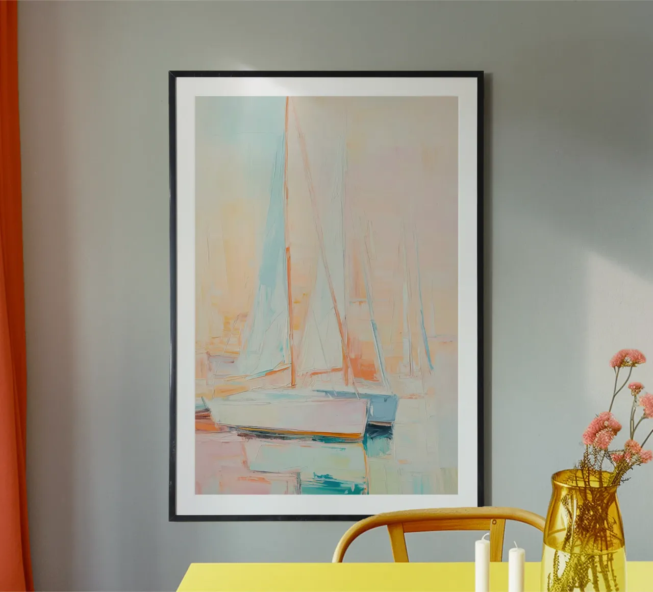 Barca a vela pastello poster con telaio in legno da Imagine
