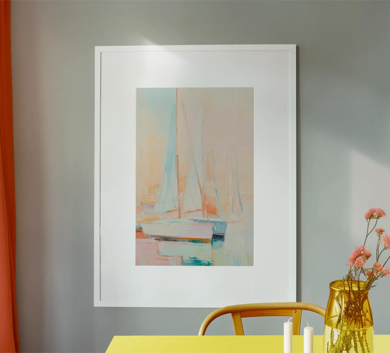Barca a vela pastello poster con telaio in legno da Imagine