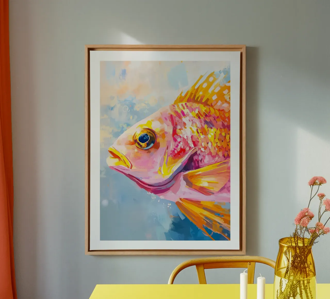 Pesce colorato ad acquerello tela con Cornice a cassetta da DWA