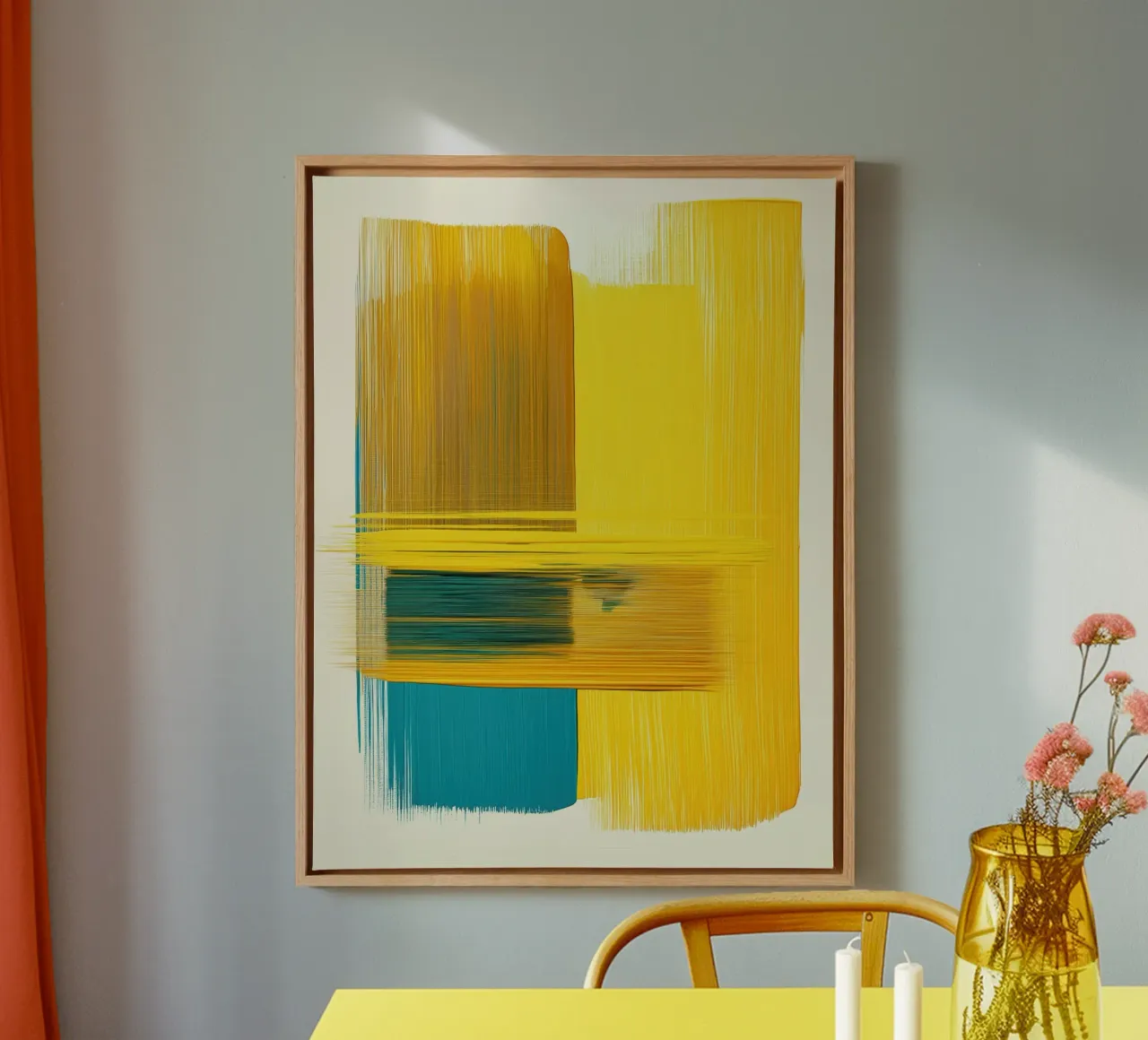 Abstracte vormen met geel blauw canvas met Baklijst van Imagine