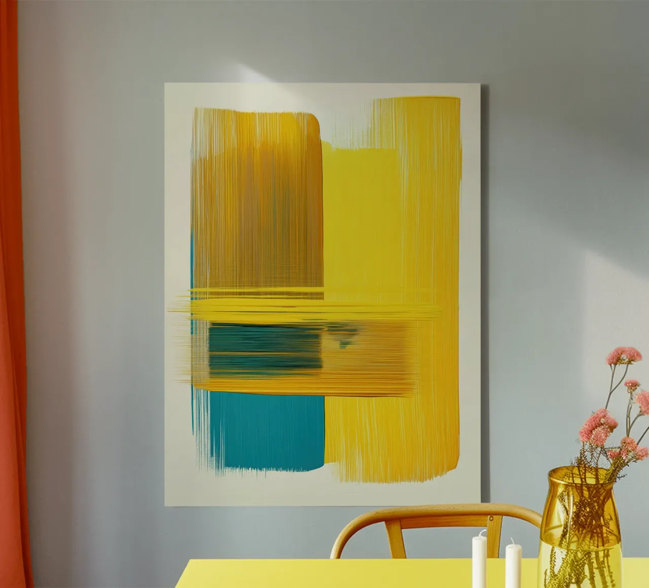 Abstracte vormen met geel blauw canvas met Baklijst van Imagine