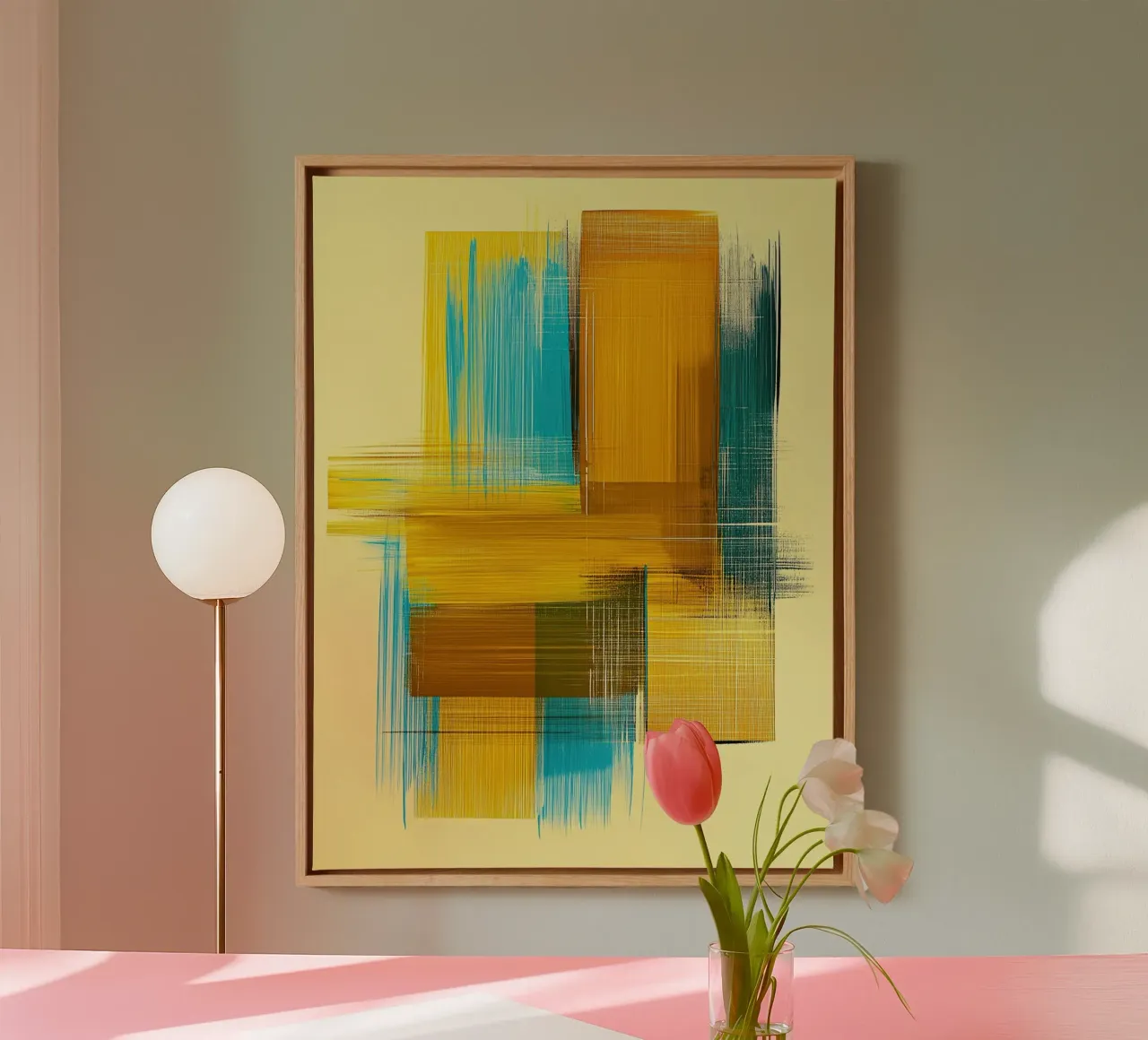 Abstracte vormen in Geel blauw canvas met Baklijst van Imagine