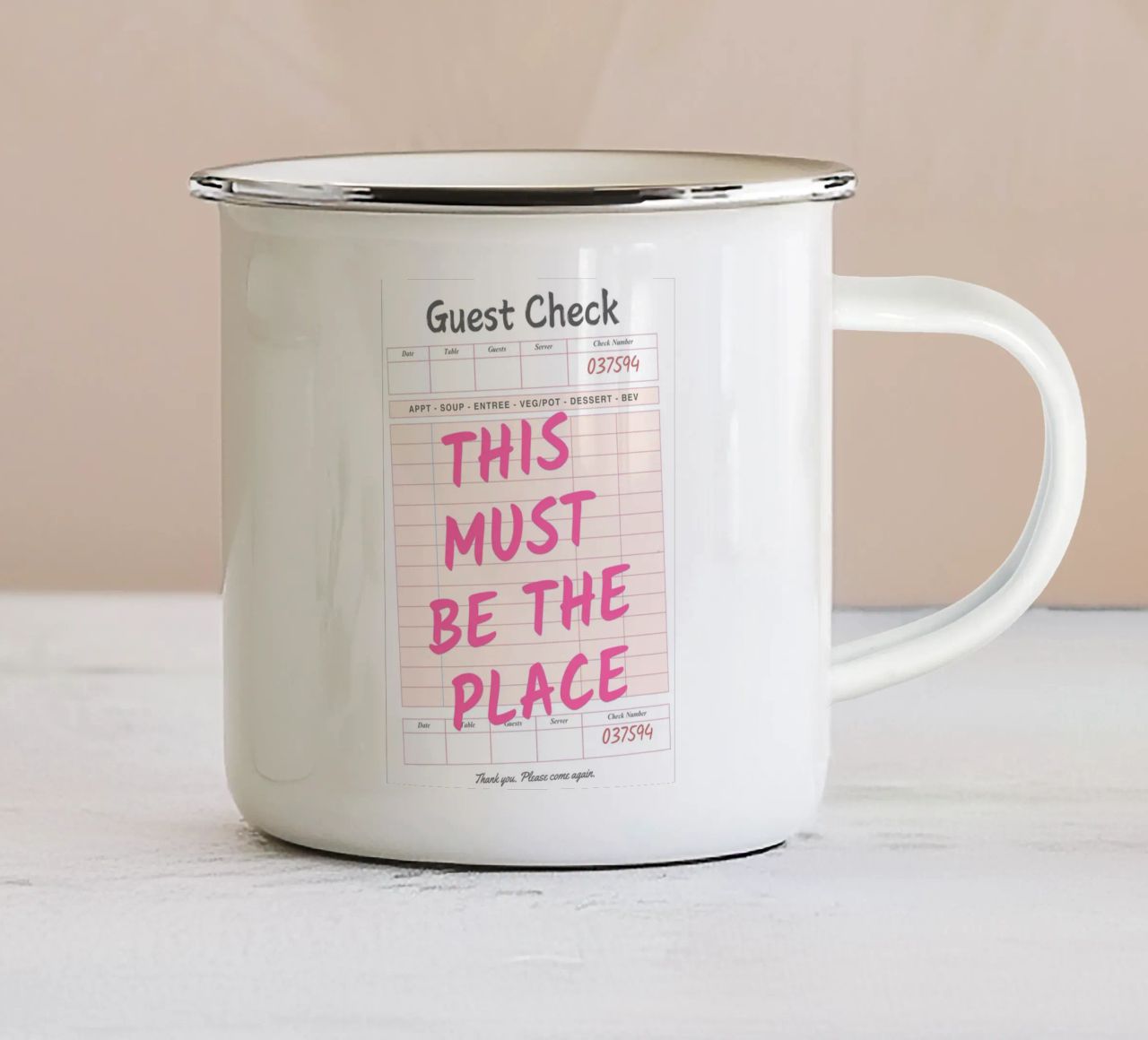 Questo deve essere il posto in cui gli ospiti controllano la stampa, tazza in smalto da pdigitalprints