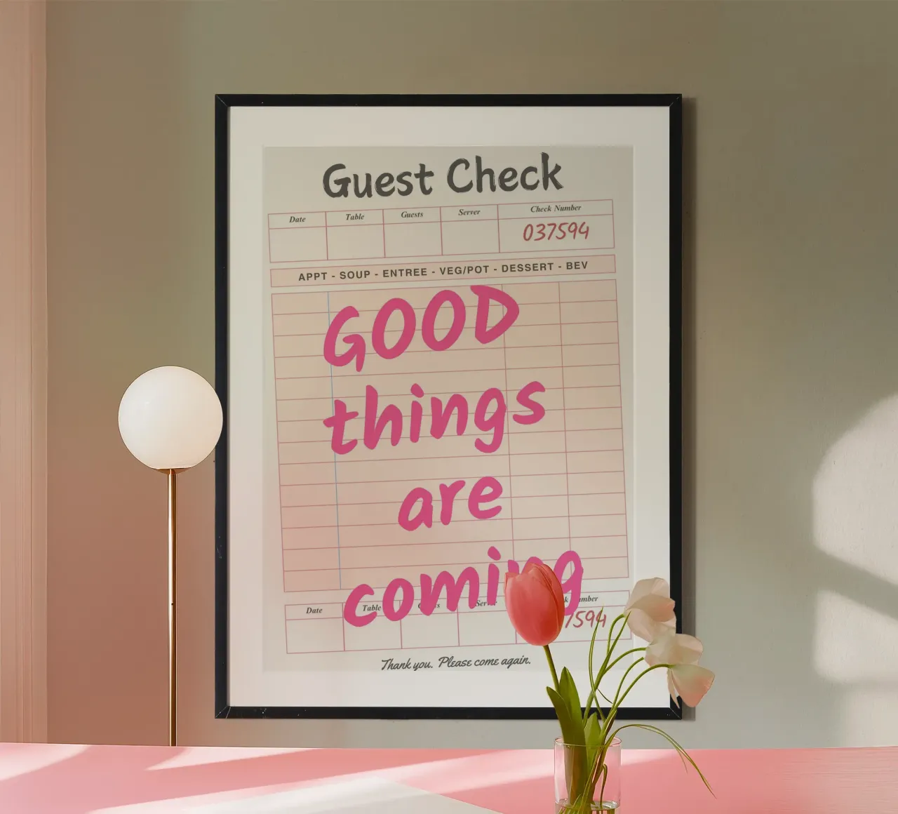 Guest Check Print, Arte di tendenza, Le cose belle stanno arrivando poster con telaio in legno da pdigitalprints