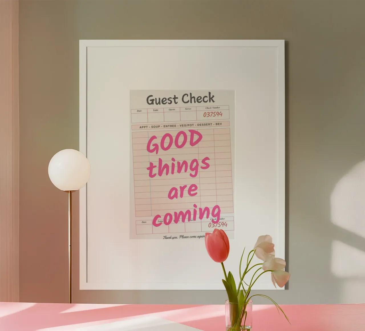 Guest Check Print, Arte di tendenza, Le cose belle stanno arrivando poster con telaio in legno da pdigitalprints