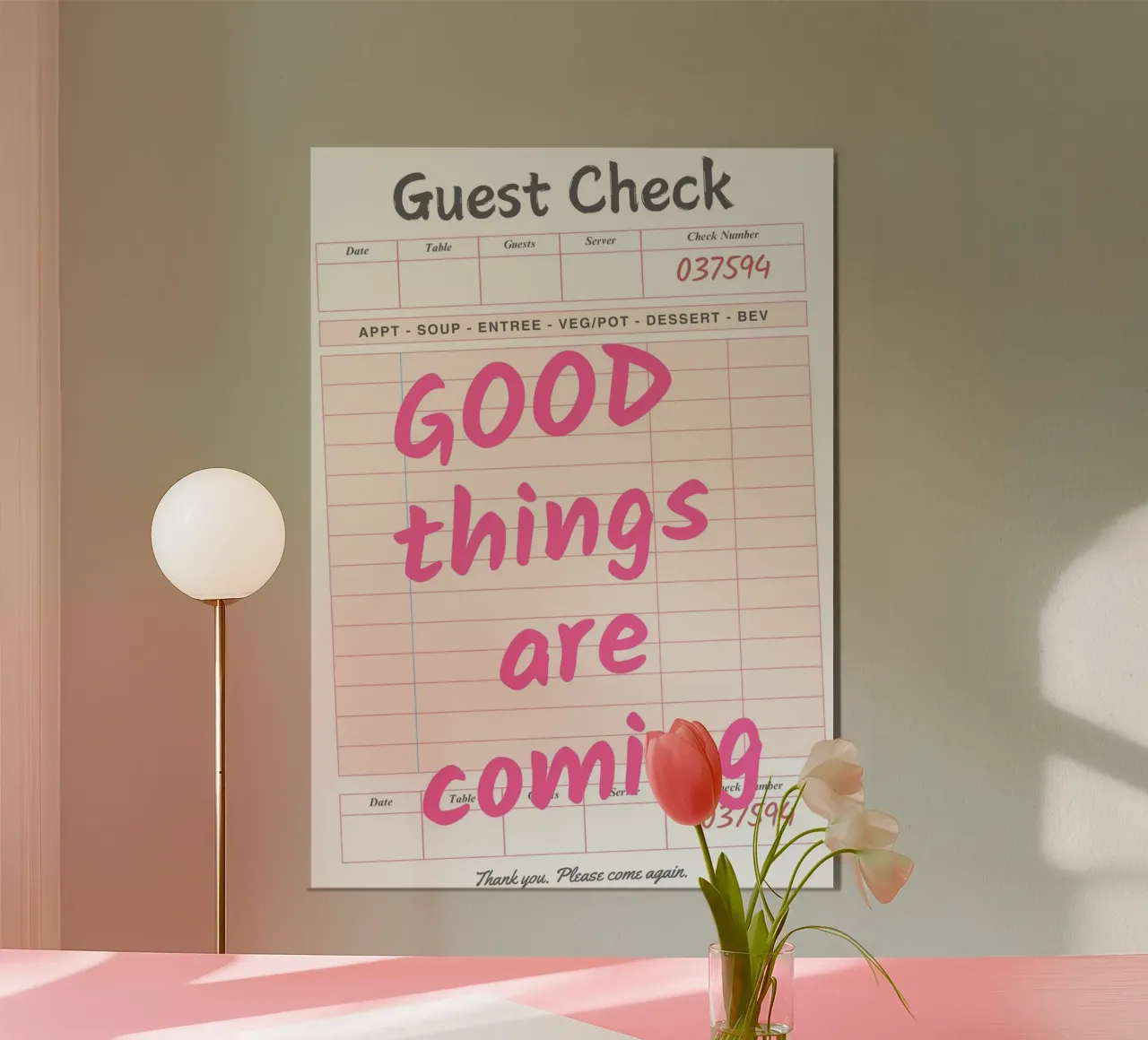 Guest Check Print, Arte di tendenza, Le cose belle stanno arrivando poster con telaio in legno da pdigitalprints