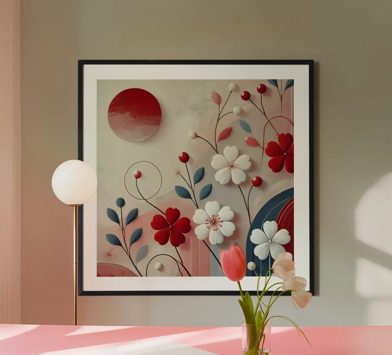 Flowers red poster with wooden frame by abstrakt