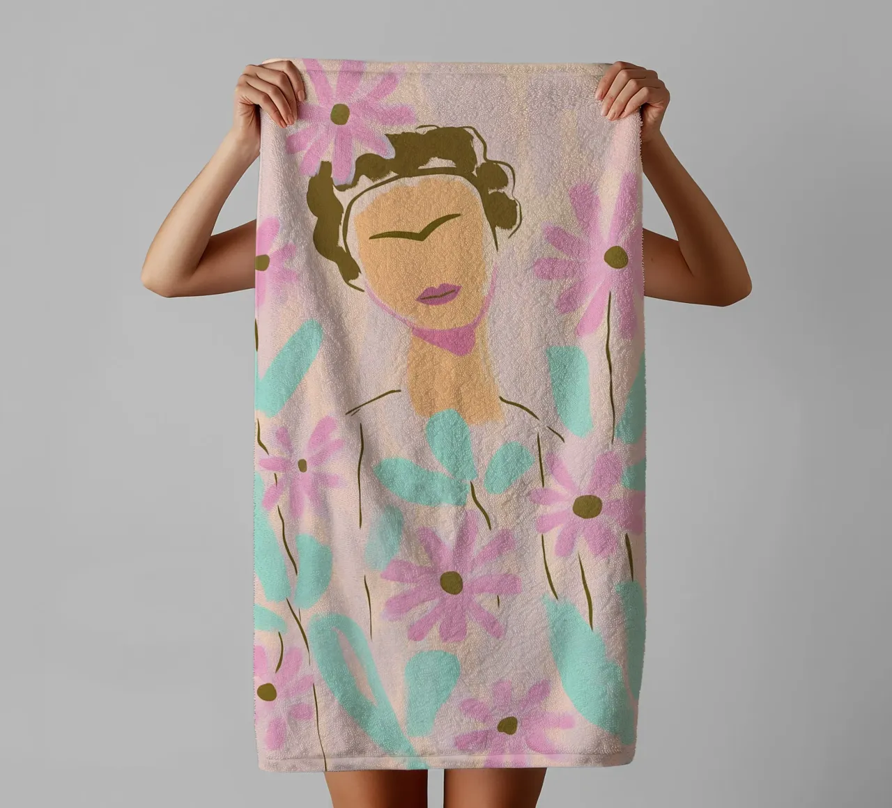 Faceless Frida and Floral towel by Carinaprint
