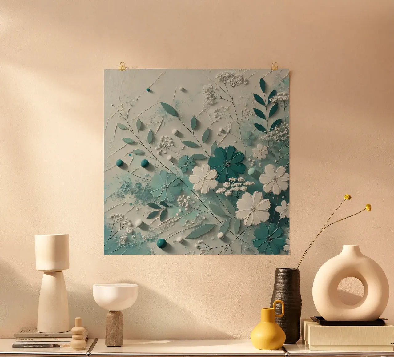 Fiori turchesi poster con telaio in alluminio da abstrakt