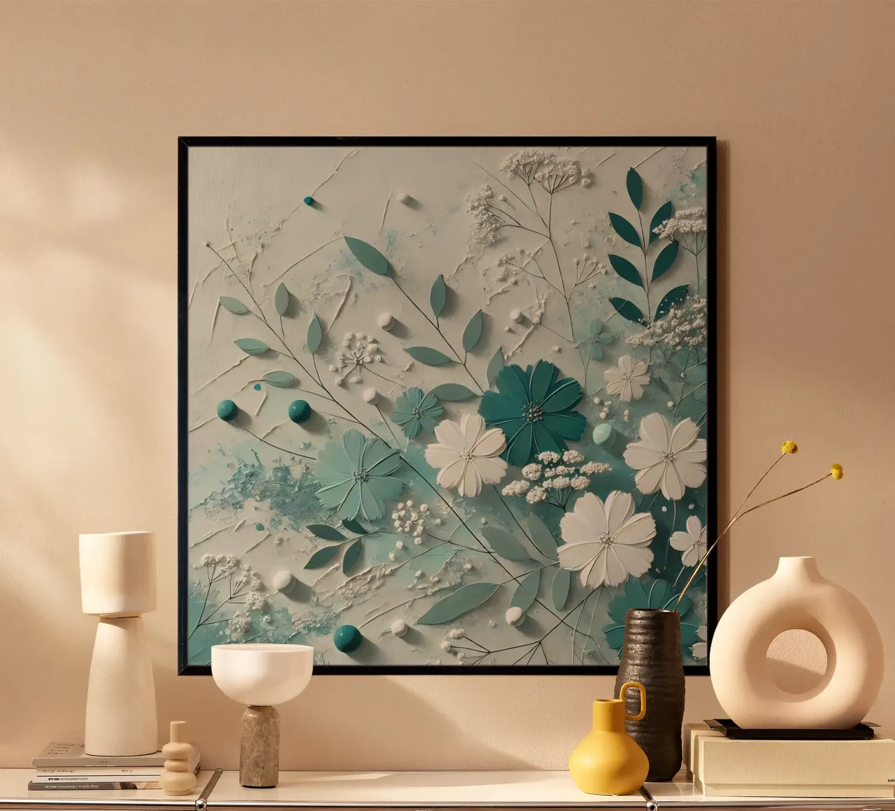 Fiori turchesi poster con telaio in alluminio da abstrakt