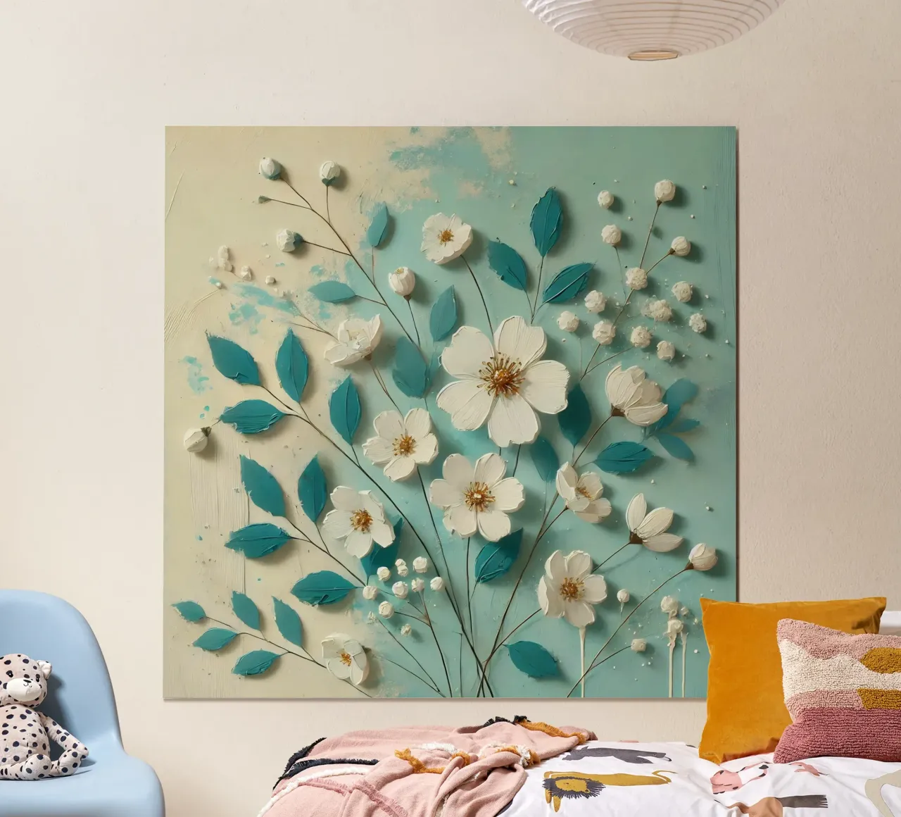 Fiori turchesi poster con telaio in alluminio da abstrakt